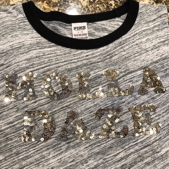PINK by Victoria’s Secret T Shirt “Holla Daze” Gray W Black Trim Gold Sequins L - Picture 1 of 5